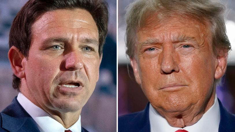 FILE - This combination of photos shows Florida Gov. Ron DeSantis speaking on July 17, 2023, in Arlington, Va., left, and former President Donald Trump speaking in Bedminster, N.J., June 13, 2023. Trump met privately with DeSantis over the weekend, according to two people familiar with the discussion, marking a detente between the former rivals after a brutal primary contest marked by insults and bruised egos. (AP Photo, File)