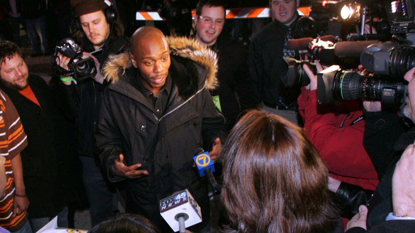 1 March 05 Photo by Ron Alvey. Dave Chappelle talks to the media inside the lobby of the Regal Hollywood 20 movie cinemas, in Fairborn. Chapelle was there for the Ohio premiere of his new film Dave Chappelle's Block Party.
