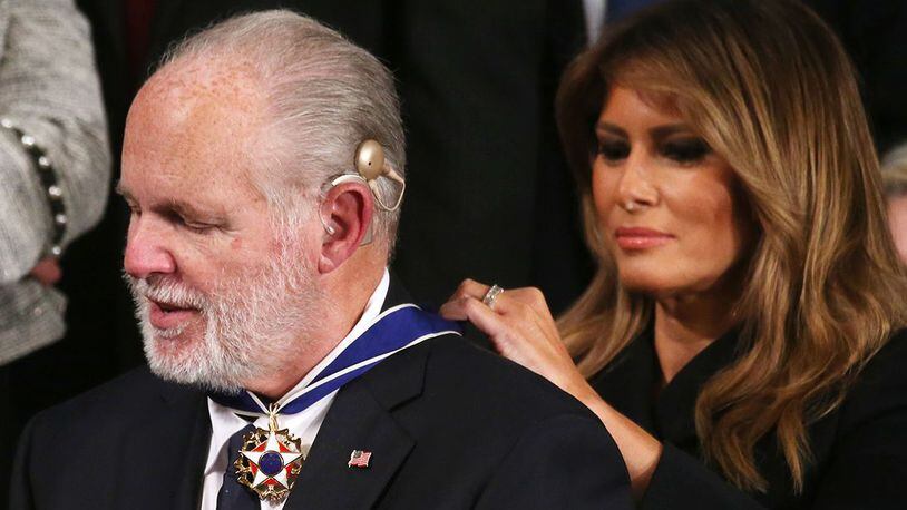 Radio personality Rush Limbaugh reacts as First Lady Melania Trump gives him the Presidential Medal of Freedom during the State of the Union address in the chamber of the U.S. House of Representatives on February 04, 2020 in Washington, DC. President Trump delivers his third State of the Union to the nation the night before the U.S. Senate is set to vote in his impeachment trial.
