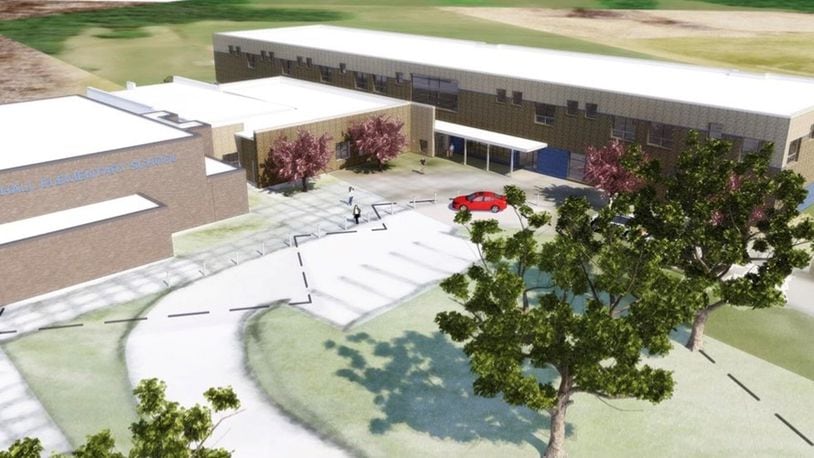 This preliminary sketch by SHP Leading Design shows a possible aerial view of what the new Marshall School might look like. The broken line shows part of the footprint of the current building which will be removed once the new part is completed. CONTRIBUTED