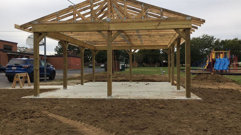 Franklin police are investigating the theft of tools following a break-in of a trailer that was parked last weekend at Schenck Elementary School. Students were using the tools to build this shelter. ED RICHTER / STAFF