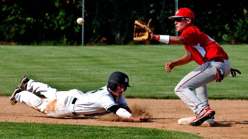 Badin’s Alex Holderbach dives safely back to second base as East Clinton’s Garrett Woods takes the throw on a pickoff attempt during a Division III sectional game May 15, 2013, at Alumni Field. Holderbach’s Rams won 11-0 in five innings. JOURNAL-NEWS FILE PHOTO