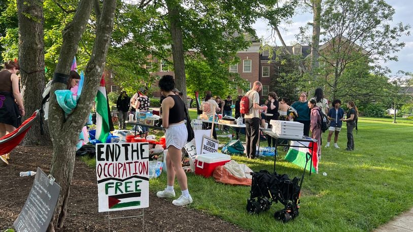 Miami University students vote Saturday, May 4, 2024, to disband an encampment on campus in Oxford. Group members decided to focus their energy on other forms of protest and advocacy for the rest of the semester. SEAN SCOTT
