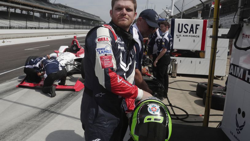 In this May 17, 2018, file photo, Conor Daly prepares to drive during a practice session for the IndyCar Indianapolis 500 auto race at Indianapolis Motor Speedway in Indianapolis. Andretti Autosport will field a five-car all-American lineup for the Indianapolis 500. Daly snagged the fifth seat with The Air Force as his sponsor. (AP Photo/Michael Conroy, File)