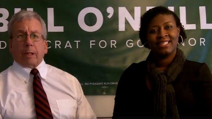Democratic gubernatorial candidate Bill O’Neill, left, introduces his running mate, Chantelle E. Lewis, an elementary school principal in Lorain County.(Facebook)
