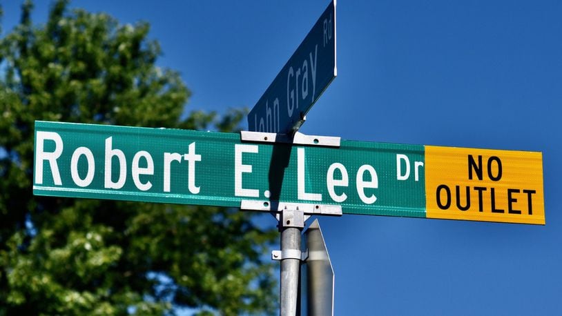 There are a pair of streets off John Gray Road in Fairfield named for Confederate Gens. Robert E. Lee and Thomas “Stonewall” Jackson. City officials are reviewing the process to rename streets in the city. Pictured is the intersection of John Gray Road and Robert E. Lee Drive. NICK GRAHAM/STAFF