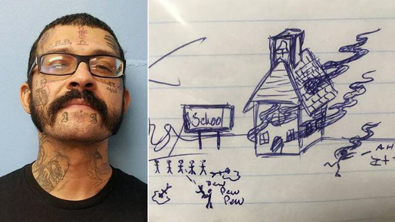 Robert Paul Alexander Edwards shown next to an image of school violence deputies say was drawn on a student's homework assignment. (Gulf County Sheriff's Office)