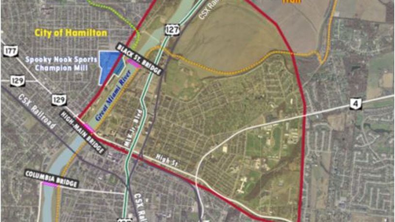 This is a map showing the boundaries of the area being studied for location of a proposed North Hamilton Crossing, which would go over the Great Miami River and over or under the CSX tracks to alleviate east-west traffic on High and Main Streets. PROVIDED