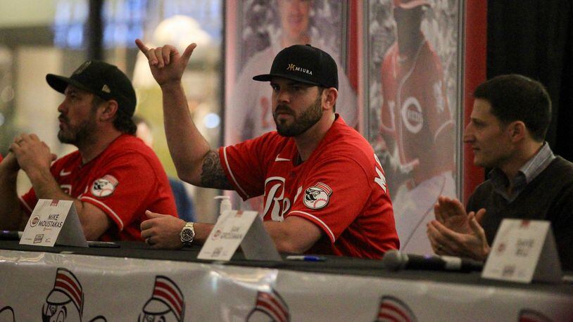 Mike Moustakas participates in the Reds Caravan during the North Tour stop on Thursday, Jan. 16, 2020, at Polaris Fashion Place in Columbus. David Jablonski/Staff
