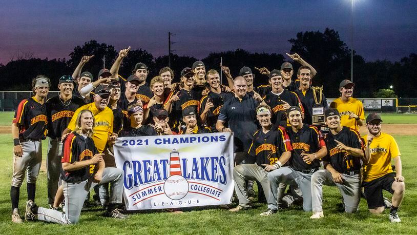 The Hamilton Joes celebrate after winning the Great Lakes Summer Collegiate League championship on Saturday. Photo by Amy DuVal-Moore