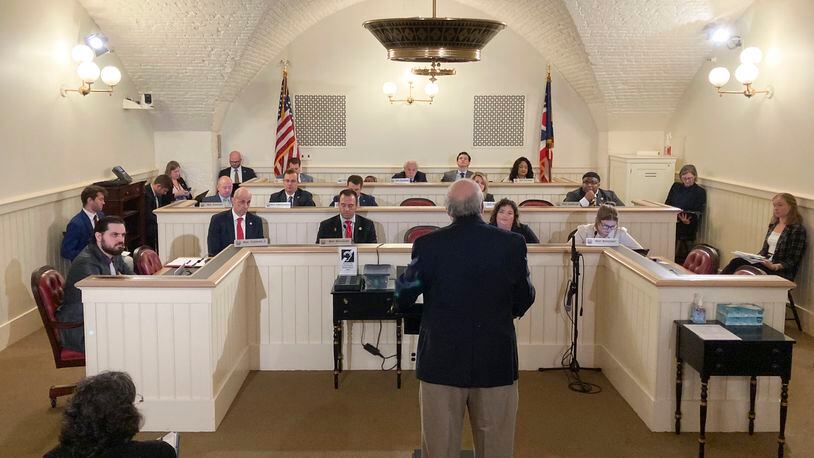 Members of the Ohio House Constitutional Resolutions Committee hear opponent testimony Tuesday, May 2, 2023, at the Ohio Statehouse in Columbus, Ohio, on a resolution that would seek voter approval for requiring a 60% supermajority vote on all future amendments to the Ohio Constitution. (AP Photo/Julie Carr Smyth)