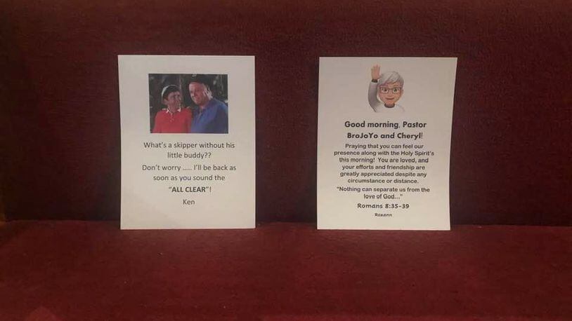 Members of Trenton GracePointe Nazarene Church wrote notes that were placed March 29 on their pews. The church started live-streaming its services two weeks ago because of the coronavirus. SUBMITTED PHOTO