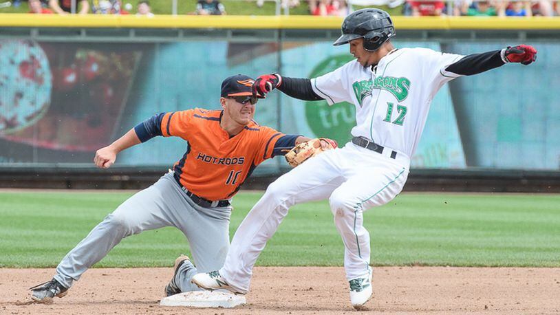 Dayton’s Jose Siri tries to avoid a tag by Bowling Green’s Michael Brosseau during the sixth inning of a game on Sunday afternoon at Fifth Third Field. Siri was called out on the play. Contriubted Photo by Bryant Billing