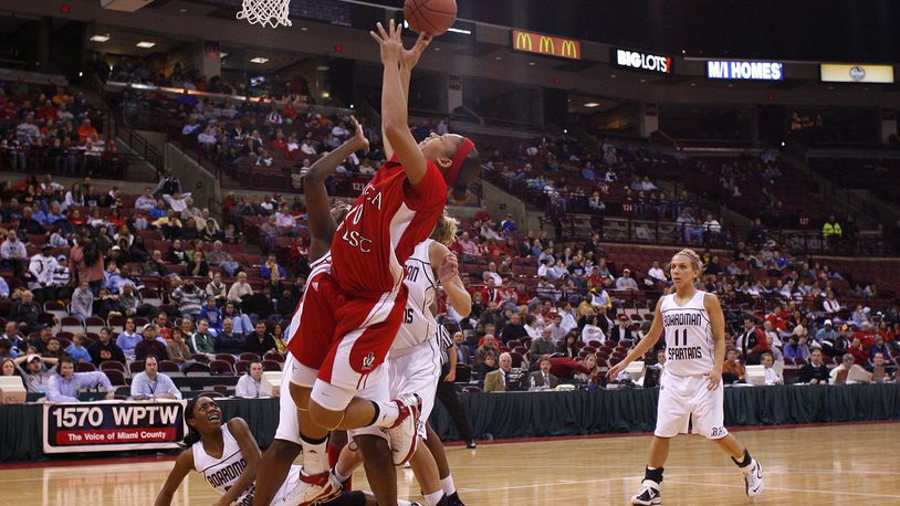 Lakota West’s Amber Gray drives to the basket during the second half of a Division I state semifinal against Youngstown Boardman on March 7, 2008, at the Schottenstein Center in Columbus. The Firebirds defeated the Spartans 62-42. NICK GRAHAM/STAFF