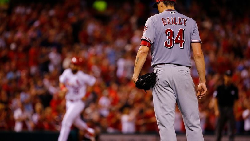 ST. LOUIS, MO - AUGUST 31: Homer Bailey #34 reacts after giving up a tow-run home run against the St. Louis Cardinals in the second inning at Busch Stadium on August 31, 2018 in St. Louis, Missouri.  (Photo by Dilip Vishwanat/Getty Images)