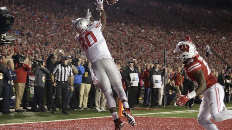 Former Ohio State wide receiver Noah Brown makes the catch in the end zone for a touchdown during overtime against at Wisconsin's Camp Randall Stadium on October 15, 2016. Brown on Thursday night became the first member of Ohio State's 2017 draft class to play in a preseason game.