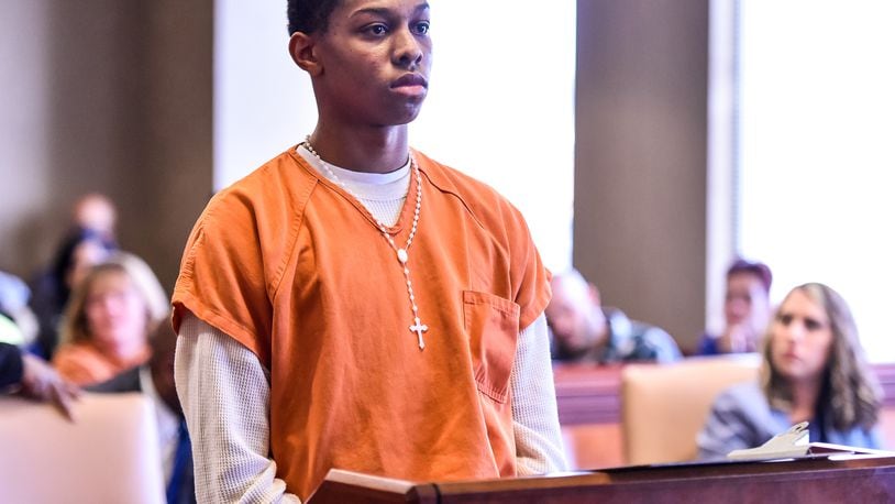 Kameron Tunstall, charged with shooting death of Jaraius Gilbert, appeared for a pretrial hearing in Judge Charles Pater’s courtroom in Butler County Common Pleas Court Tuesday, Oct. 16 in Hamilton. His trial began Monday on Butler County Common Pleas Court. NICK GRAHAM/STAFF
