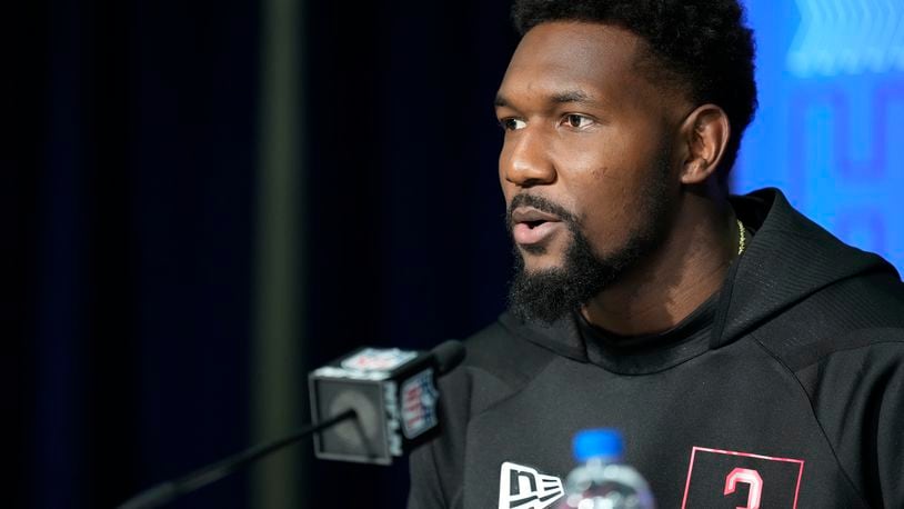 Florida defensive lineman Zach Carter speaks during a press conference at the NFL football scouting combine in Indianapolis, Friday, March 4, 2022. (AP Photo/AJ Mast)