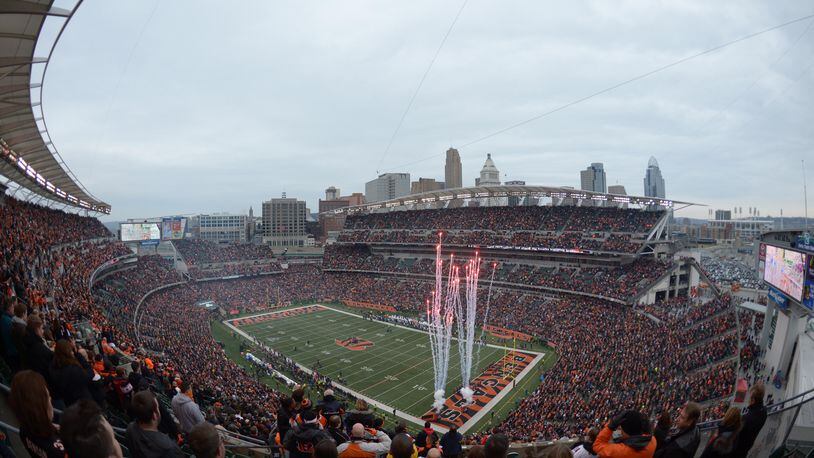 General view of Paul Brown Stadium and downtown Cincinnati skyline during the opening kickoff the 2013 AFC wild card playoff football game between the San Diego Chargers and the Cincinnati Bengals.