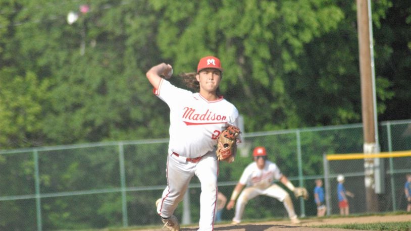 Madison sophomore pitcher Connor Robertson prepares to send a pitch to the plate against Madeira on Monday in a Division III district semifinal at Sellman Park. The Mohawks lost 7-6. Chris Vogt/CONTRIBUTED