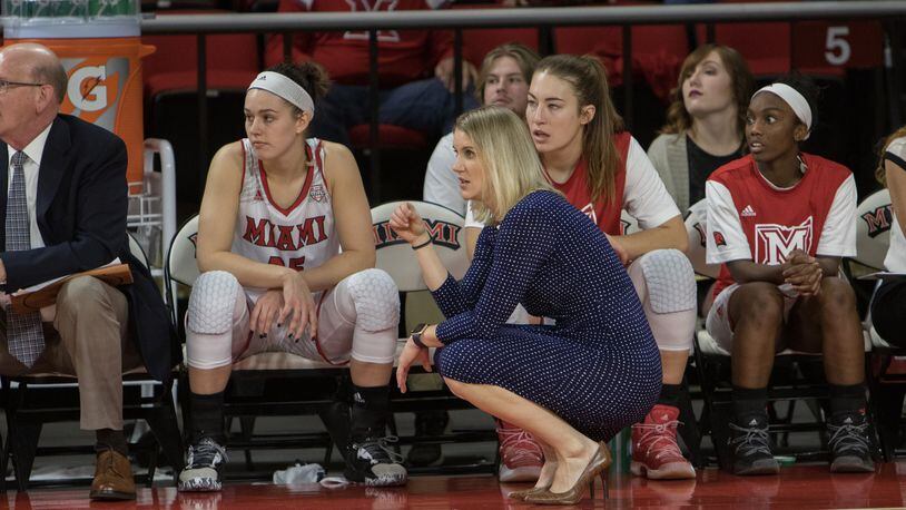 Miami University coach Megan Duffy watches the action from the sideline during a game this season at Millett Hall in Oxford. PHOTO COURTESY OF MIAMI UNIVERSITY ATHLETICS