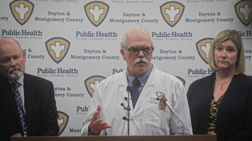 From left, Health Commissioner, Jeff Cooper, Public Health Medical Director, Michael Dohn and Dayton Mayor, Nan Whaley address the press concerning the Coronavirus Wednesday afternoon.JIM NOELKER/STAFF