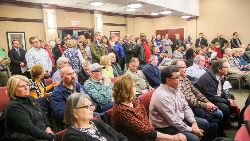 An overflow crowd of union workers converged on the West Chester township trustee meeting earlier this month to protest a plan to make the township a “Right to Work” place. West Chester Twp. trustees now plan to hold a special meeting on the topic of “Right to Work.” GREG LYNCH / STAFF