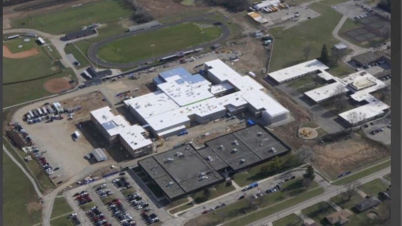The new K-12 Carlisle school building, center, is being constructed behind the current Carlisle High School. The new building is nearing completion for an opening this fall. To the right is Alden Brown Elementary School. The current high school, elementary school and Chamberlain Middle School will be demolished this summer. CONTRIBUTED PHOTO