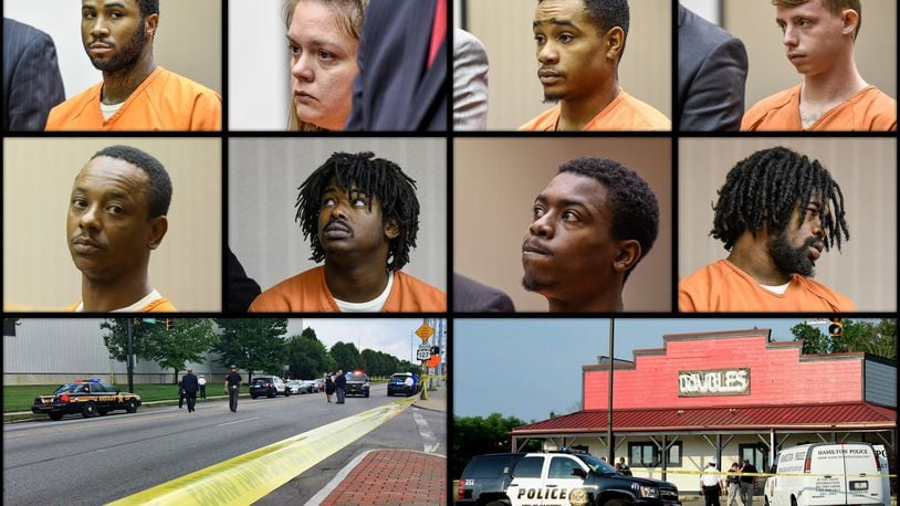 Top Row, left to right: Zachary Harris, Melinda Gibby, Michael Grevious and Tony Patete are all facing the death penalty if convicted in connection with the drive-by shooting on Central Avenue on Aug. 3. Second Row, Left to right: Cornell McKennelly, Mondale Goens, Rodrick Curtis Jr. and Cory Cook III are all charge in connection with Doubles Bar shooting