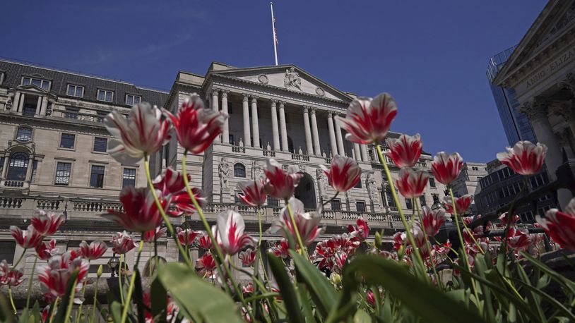 A general view of the Bank of England in London, Thursday May 9, 2024. The Bank of England has kept its main U.K. interest rate at a 16-year high of 5.25% with several policymakers still worrying about some key inflation measures. In a statement Thursday, the bank’s nine-member Monetary Policy Committee voted 7-2 to keep rates unchanged, with the 2 dissenters backing a quarter-point reduction. (Yui Mok/PA via AP)