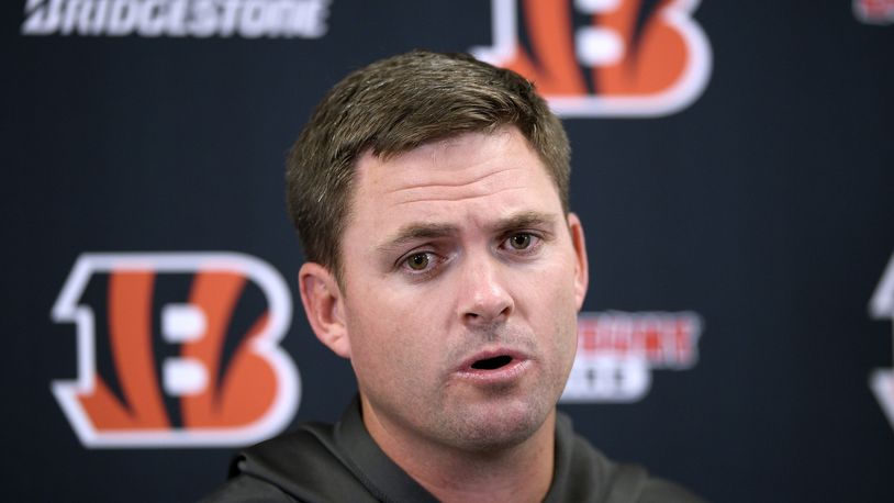 Cincinnati Bengals head coach Zac Taylor speaks to reporters after a NFL football game against the Baltimore Ravens Sunday, Oct. 13, 2019, in Baltimore. The Ravens won 23-17. (AP Photo/Nick Wass)