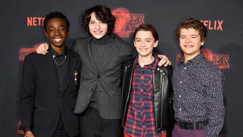 LOS ANGELES, CA - OCTOBER 26:  (L-R) Caleb McLaughlin, Finn Wolfhard, Noah Schnapp, and Gaten Matarazzo attend the premiere of Netflix's "Stranger Things" Season 2 at Regency Bruin Theatre on October 26, 2017 in Los Angeles, California.  (Photo by Frazer Harrison/Getty Images)