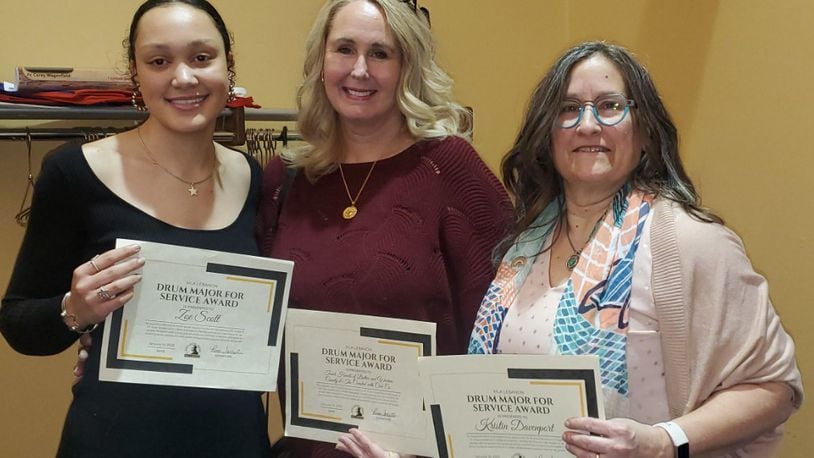 The MLK Lebanon Committee honored the following people and organizations with 2023 Drum Major Awards. From left are Zoe Scott, Youth Leader for Tomorrow; Jenni Blake representing the Touching Hearts at Home, the outstanding organization of the year; and Kristin Davenport, Adult Community Leader. Not pictured is Russell Forrester, Adult Community Leader. CONTRIBUTED PHOTO