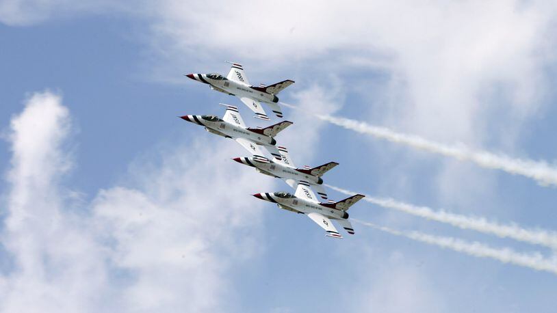 The U. S. Air Force Thunderbirds in the diamond formation at the Vectren Dayton Air Show on Saturday, July 23, 2011. STAFF FILE PHOTO