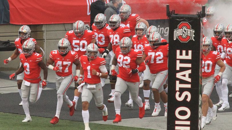 Ohio State takes the field before a game against Indiana on Saturday, Nov. 22, 2020, at Ohio Stadium in Columbus. David Jablonski/Staff