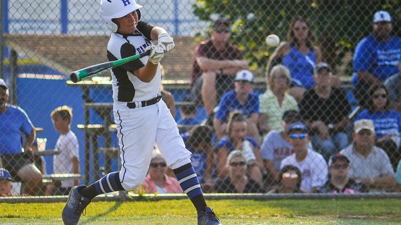 West Side Little League’s Connor Cuozzo hits a home run during their Ohio District 9 Little League Championship win over Anderson Township Wednesday, July 10, 2019, at the West Side Little League complex in Hamilton. Cuozzo homered in West Side’s win over Maumee on Saturday in the state tournament. NICK GRAHAM/STAFF