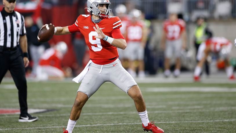 Ohio State quarterback Jack Miller drops back to pass against Akron during the second half of an NCAA college football game Saturday, Sept. 25, 2021, in Columbus, Ohio. (AP Photo/Jay LaPrete)