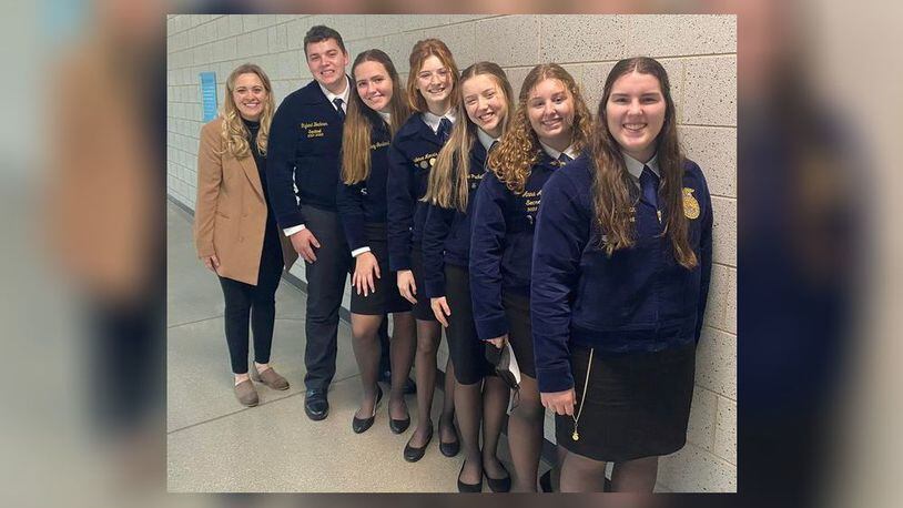 The Talawanda/Butler Tech FFA Parliamentary Procedure team is shown after their fourth-place finish in the state contest. They are, from left, Chapter Advisor Carley Snider, junior Ryland Beckner, sophomore Abbey Garland, junior Kaydence Morris, team secretary sophomore Emma Puckett, junior Anna Abbitt and team chair senior Rachel Dsuban. CONTRIBUTED