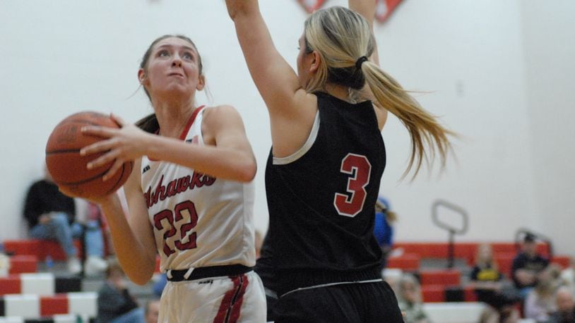 Madison's Ella Campbell (22) looks to put up a shot over Preble Shawnee's Liv Thompson (3) on Monday night. Chris Vogt/CONTRIBUTED