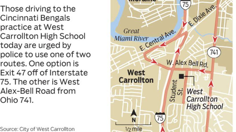 To divide up the traffic seeking to attend the Bengals practice at West Carrollton High School Monday, officials are asking drivers coming on Interstate 75 to use exit 47 in West Carrollton.
