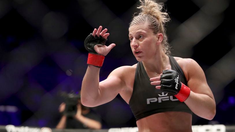 Kayla Harrison is shown during a PFL (Professional Fighters League) bout against Larissa Pacheco at Nassau Coliseum in Uniondale, N.Y., in this Thursday, May 9, 2019, file photo. (AP Photo/Greg Payan, File)