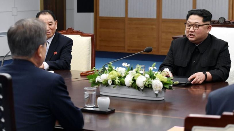 North Koraen Leader Kim Jong Un, right, spoke with South Korean President Moon Jae-in in April.