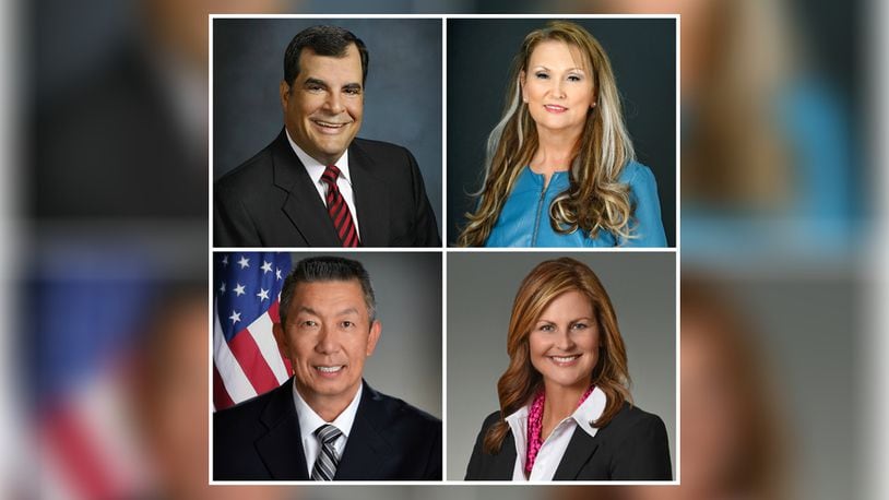 The Butler County Chamber Coalition will present a Senate forum on Thursday, Feb. 13, 2020, for the candidates for Ohio’s 4th Senate District. Candidates running include, from left clockwise, Rep. George Lang, R-West Chester Twp., Ohio Rep. Candice Keller, R-Middletown, Democratic candidate Kathy Wyenandt and West Chester Twp. Trustee Lee Wong. Keller will not attend the forum due to a scheduling conflict. PHOTOS PROVIDED
