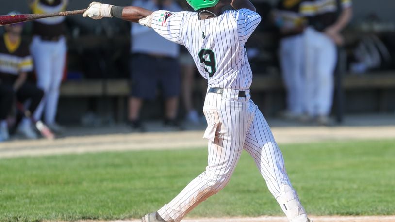 Badin's Rodney Rachel takes a swing during a 10-0 win over in a Division II district final baseball game on May 25, 2023. Rachel finished 3-for-3 with six RBIs. Michael Cooper/CONTRIBUTED