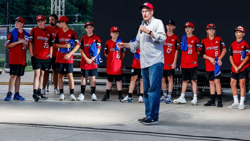 HAmilton Mayor Pat Moeller speaks to the Hamilton West Side Little League All-Star team that were honored for their performance in the Little League World Series with a parade and ceremony on the stage at RiversEdge Amphitheater Thursday, Sept. 2, 2021 in Hamilton. NICK GRAHAM / STAFF