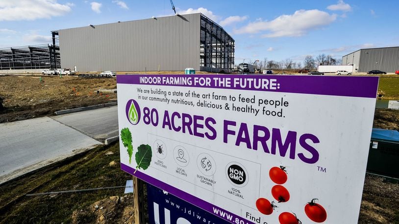 Construction continues on the new location for 80 Acres Farms indoor farming facility on Hamilton Enterprise Park Drive Thursday, Feb. 20, 2020 in Hamilton. NICK GRAHAM / STAFF