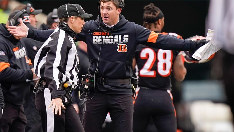 CINCINNATI, OH - DECEMBER 01: Head coach Zac Taylor of the Cincinnati Bengals agues with an official during the second half of NFL football game against the New York Jets at Paul Brown Stadium on December 1, 2019 in Cincinnati, Ohio. (Photo by Bryan Woolston/Getty Images)