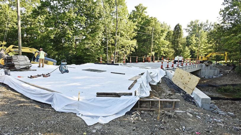 Construction continues on the bridge replacement on Myers Road in Madison Township Wednesday, July 25. Butler County Engineer Greg Wilkens says all of their major road projects are nearly complete, on time and on budget. NICK GRAHAM/STAFF