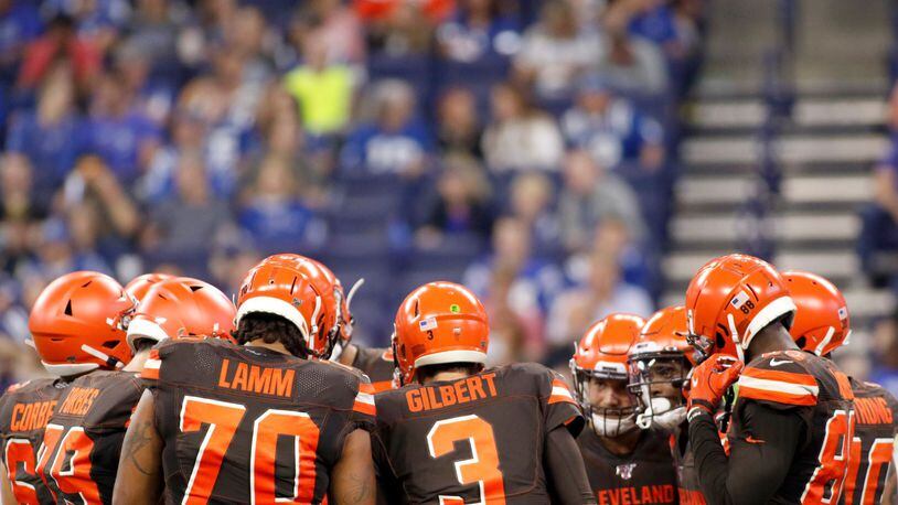 INDIANAPOLIS, INDIANA - AUGUST 17: Garrett Gilbert #3 and the Cleveland Browns huddle up during the preseason game against the Indianapolis Colts at Lucas Oil Stadium on August 17, 2019 in Indianapolis, Indiana. (Photo by Justin Casterline/Getty Images)