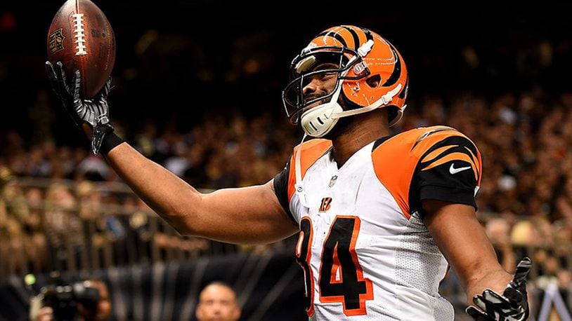 NEW ORLEANS, LA - NOVEMBER 16: Jermaine Gresham #84 of the Cincinnati Bengals celebrates his touchdown during the second half against the New Orleans Saints at Mercedes-Benz Superdome on November 16, 2014 in New Orleans, Louisiana. (Photo by Stacy Revere/Getty Images)